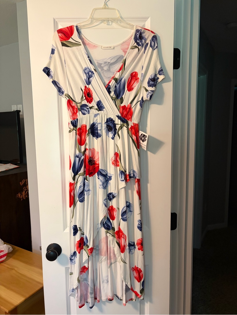 NanaMacs White Floral High-Low Wrap Dress - Red & Blue Tulip Print